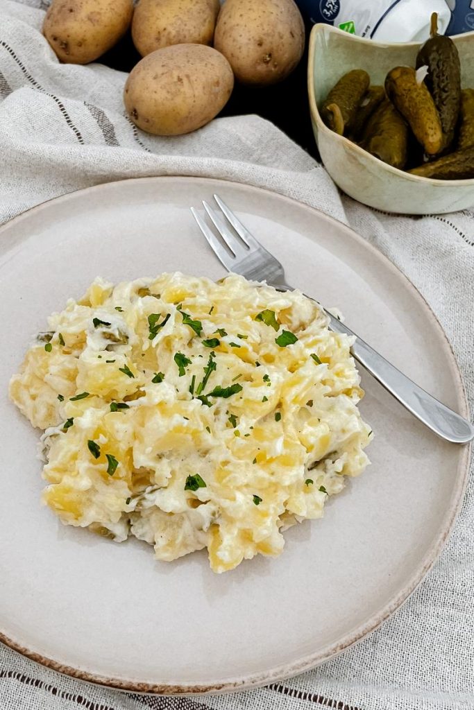 Eine Portion Kartoffelsalat auf einem Teller